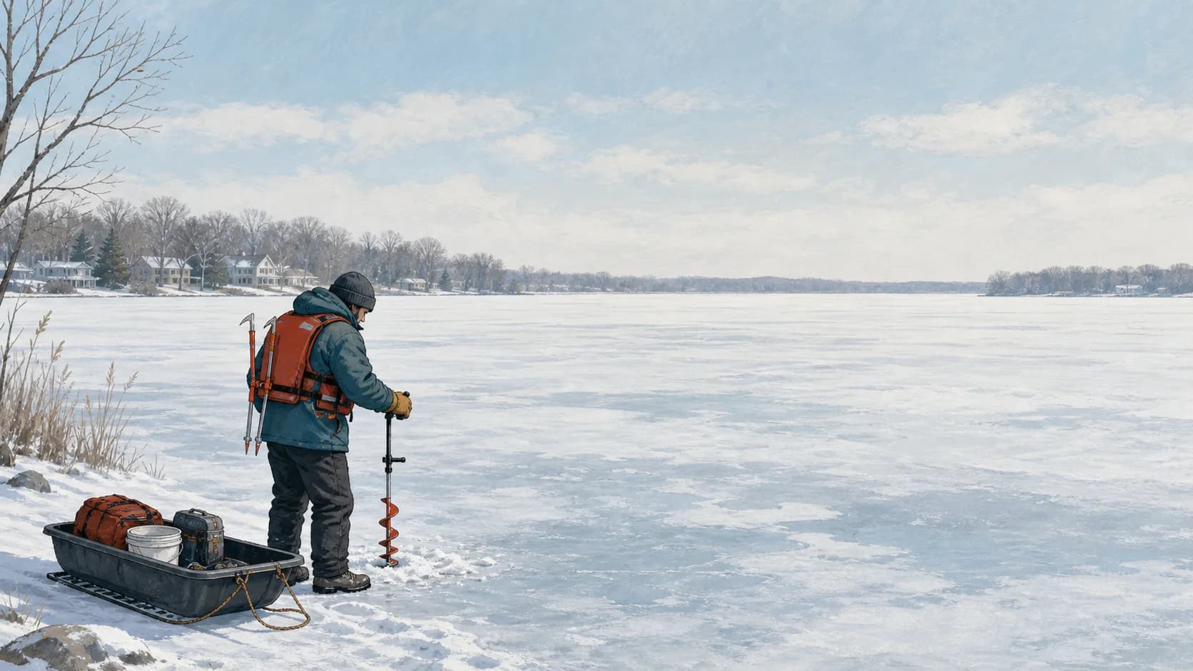 Editorial illustration of a winter angler near shore checking lake ice with an auger while wearing buoyant safety gear and carrying ice picks
