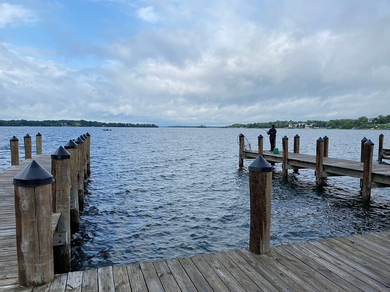Wooden docks extending into Wayzata Bay on Lake Minnetonka